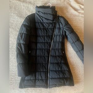 Women's Calvin Klein Black Quilted Jacket with asymmetric zip collar, size S